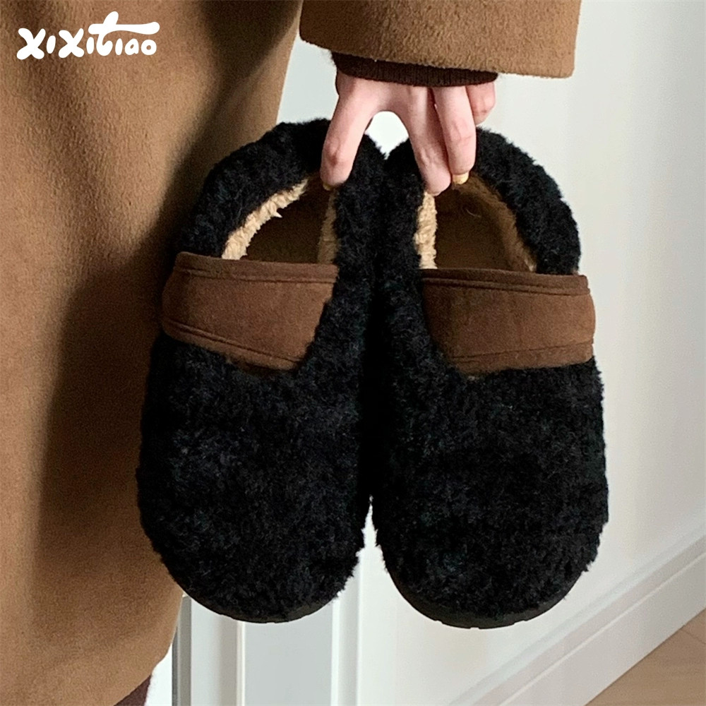 细细条百搭时尚室外亲子冬季豆豆鞋简约拼色保暖毛毛单鞋棉鞋女,居家布艺,居家棉拖/棉鞋,淘宝优惠券,粉丝福利购,淘宝优惠卷