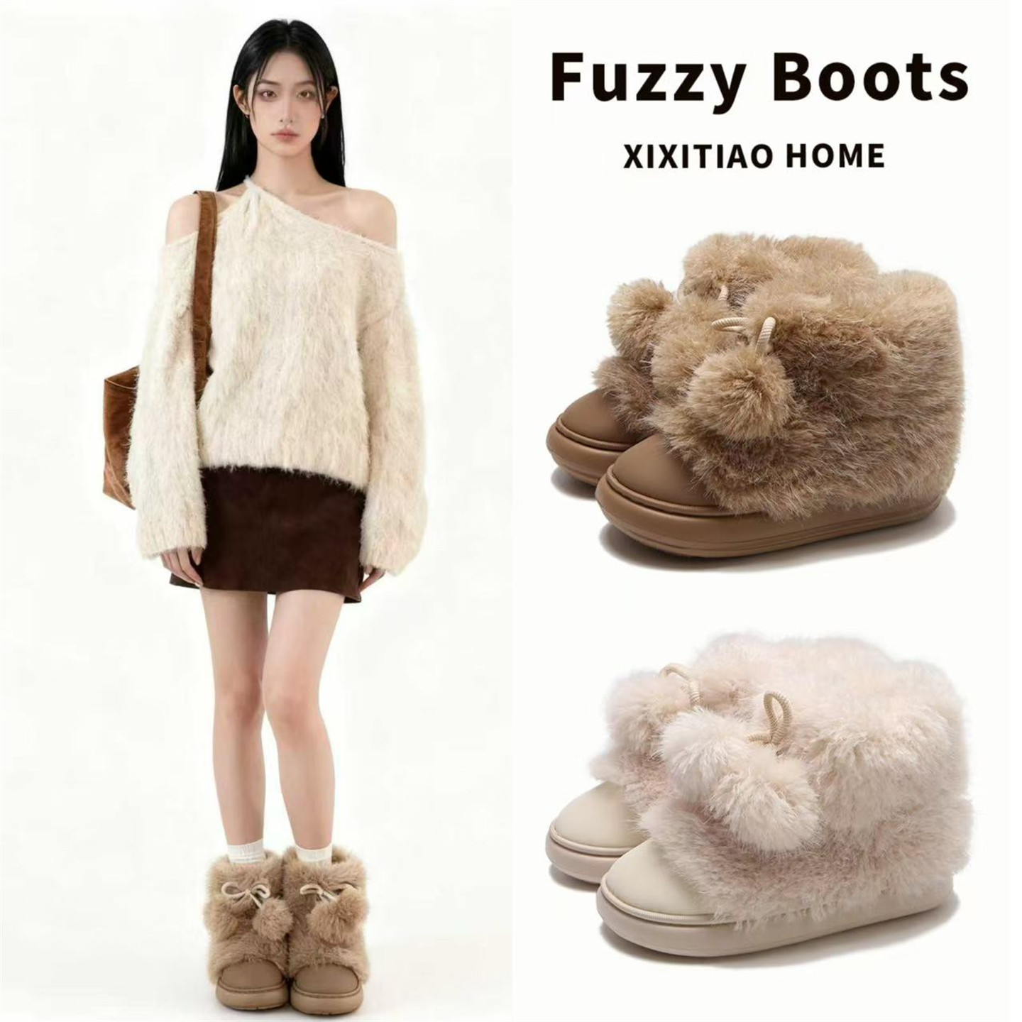 细细条 防滑冬天户外时尚韩系毛球棉鞋保暖加绒女士ins毛毛雪地靴,女鞋,时尚雪地靴,淘宝优惠券,粉丝福利购,淘宝优惠卷