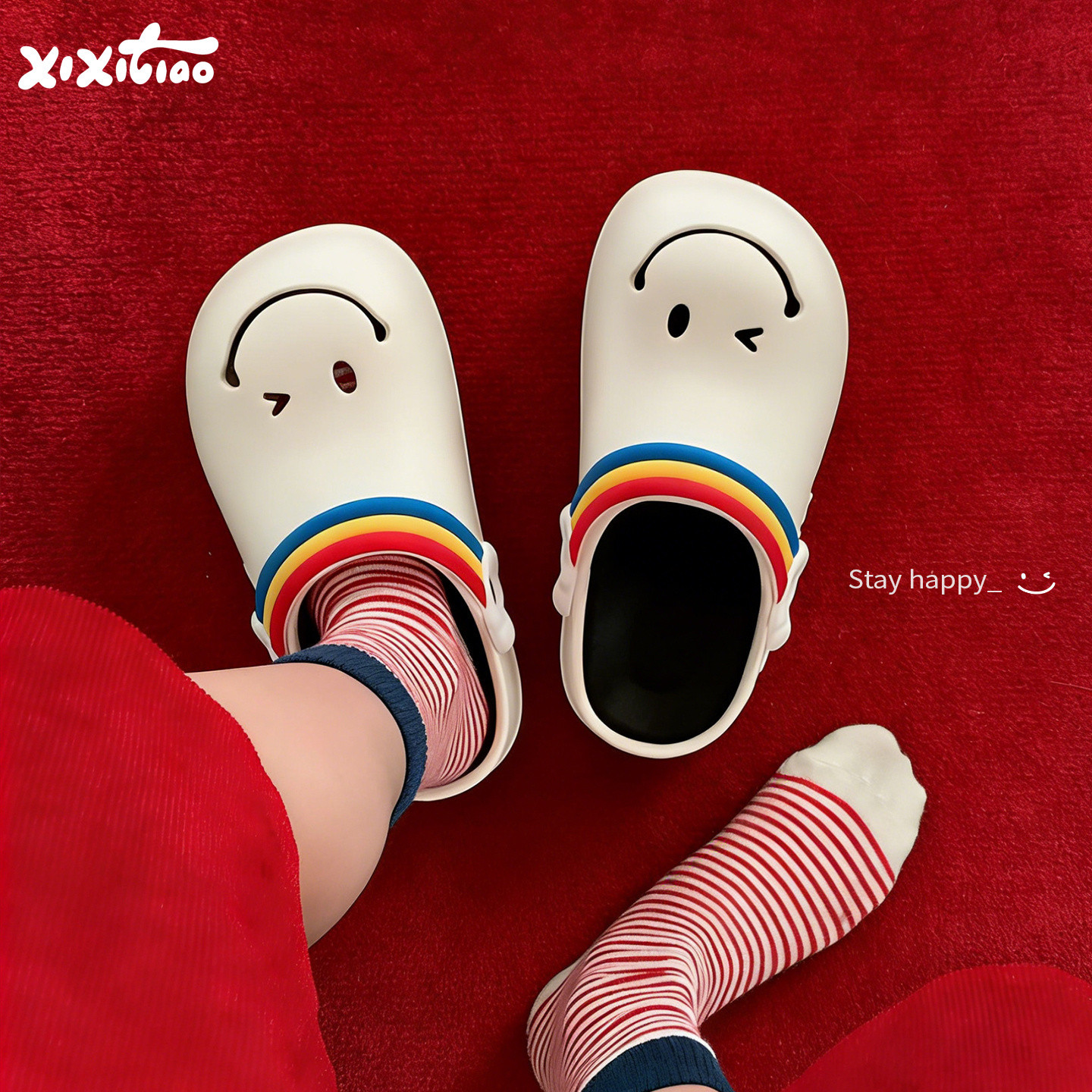 细细条 时尚外穿一脚蹬夏防滑洞洞鞋可爱笑脸勃肯鞋足弓包头拖女