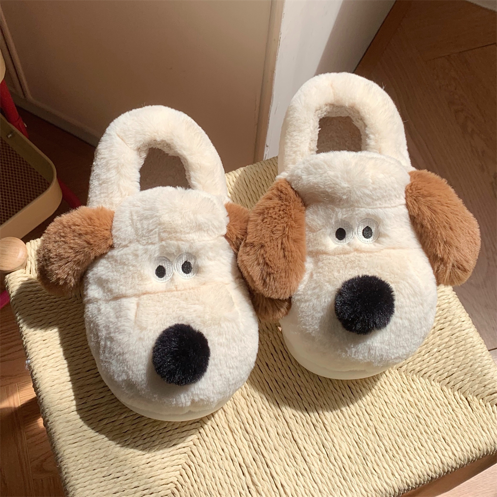 细细条室内防滑卡通可爱掌门狗亲子棉拖鞋保暖毛绒月子鞋男女冬