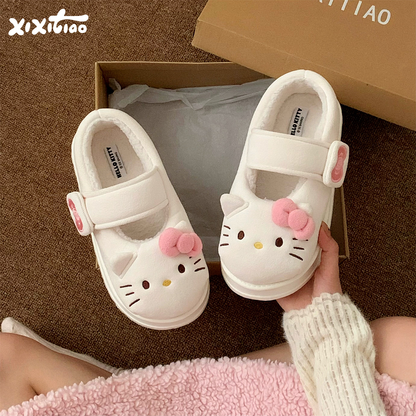细细条 魔术贴防滑女秋冬玛丽珍棉鞋正版HelloKitty猫厚底豆豆鞋,居家布艺,居家棉拖/棉鞋,淘宝优惠券,粉丝福利购,淘宝优惠卷