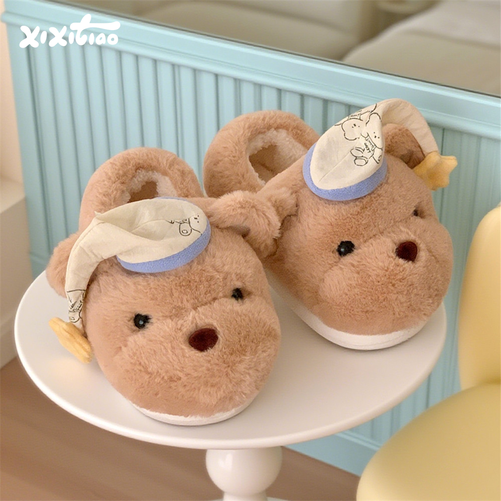 保暖防滑可爱软萌睡帽小熊棉拖鞋