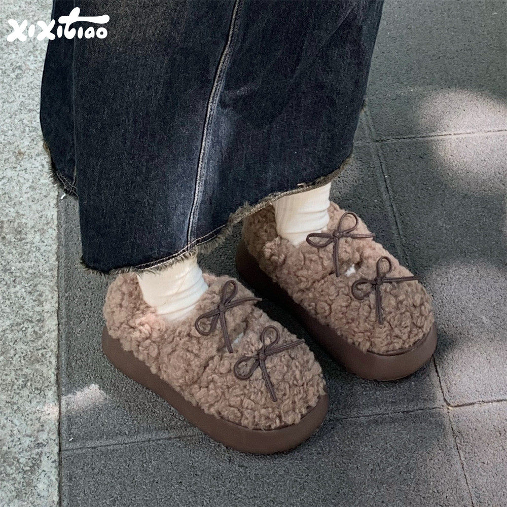 细细条休闲防滑甜美蝴蝶结毛绒绒棉鞋女百搭软底冬季亲子豆豆鞋,居家布艺,居家棉拖/棉鞋,淘宝优惠券,粉丝福利购,淘宝优惠卷
