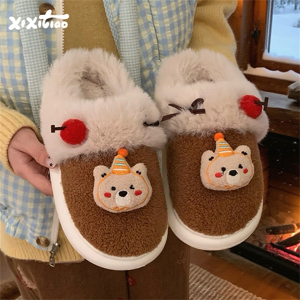 可爱樱桃小熊冬室内外穿棉拖鞋
