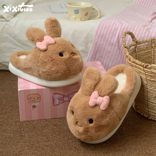 细细条 居家时尚保暖防滑月子鞋冬季少女心蝴蝶结长耳兔棉拖鞋女