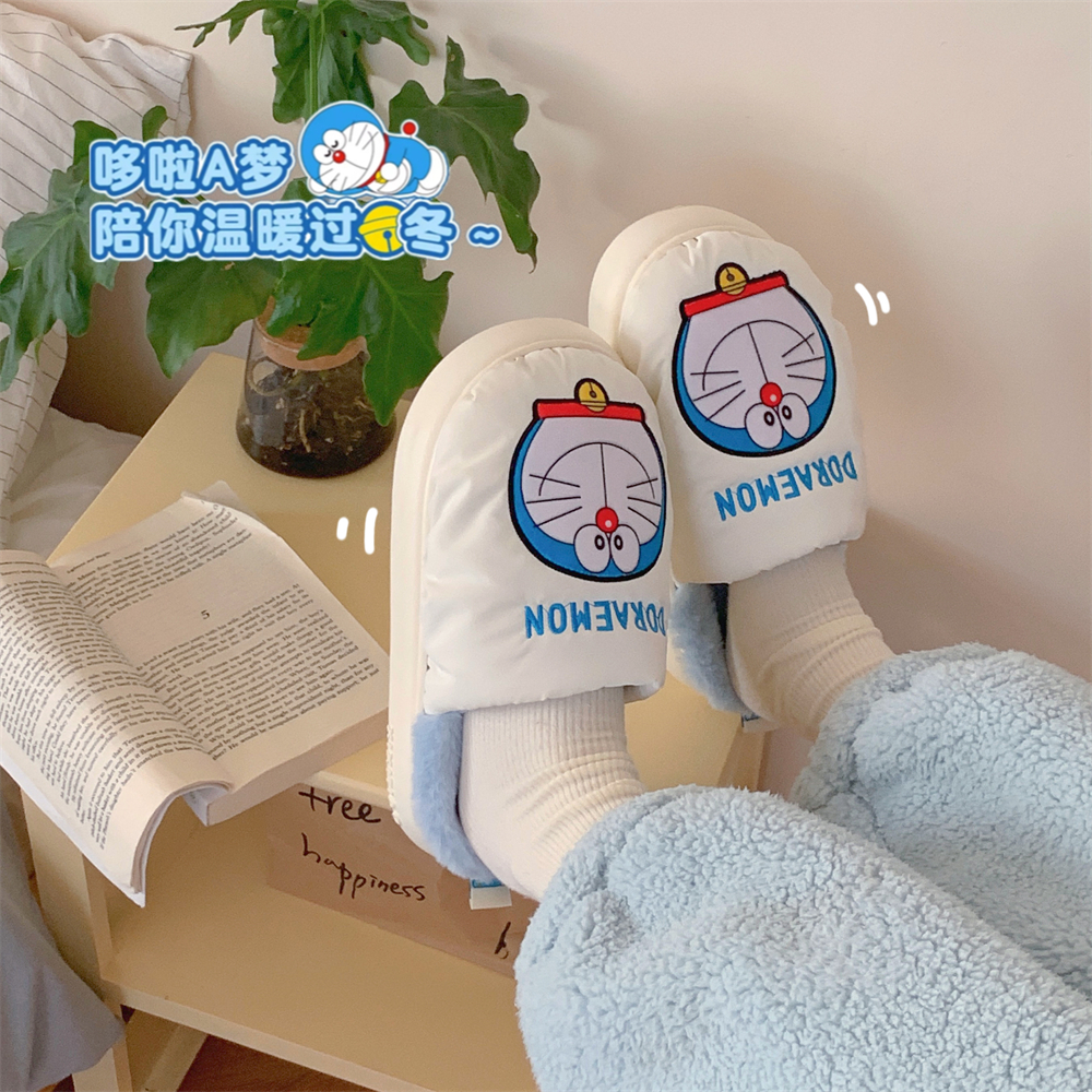 细细条卡通哆啦A梦情侣棉拖鞋
