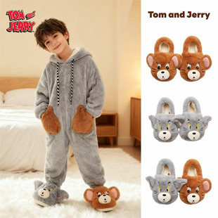正版猫和老鼠儿童亲子棉拖鞋ins冬季可爱汤姆杰利居家舒适毛毛鞋