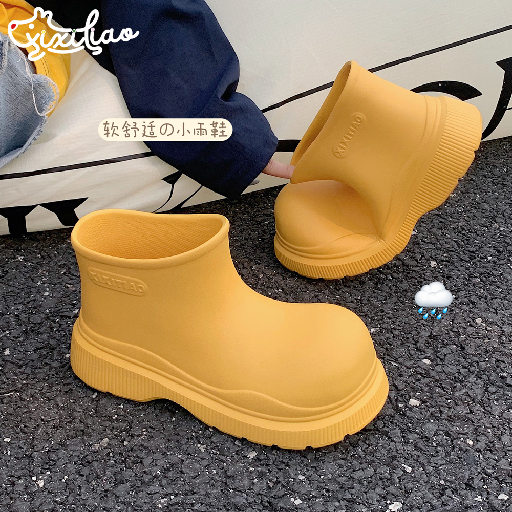 细细条防水短筒雨靴春夏季户外防滑百搭简约纯色可爱圆头雨鞋女