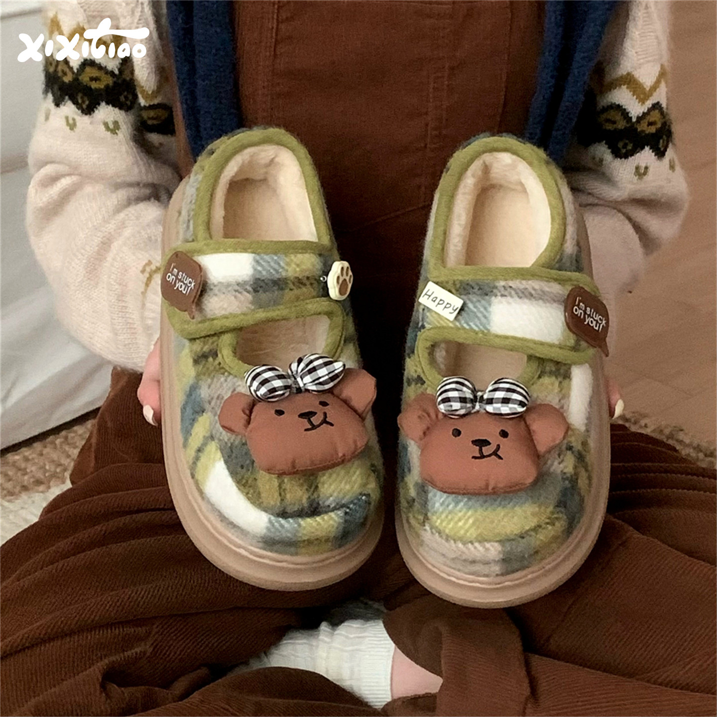细细条棉鞋可爱玛丽珍豆豆鞋小熊