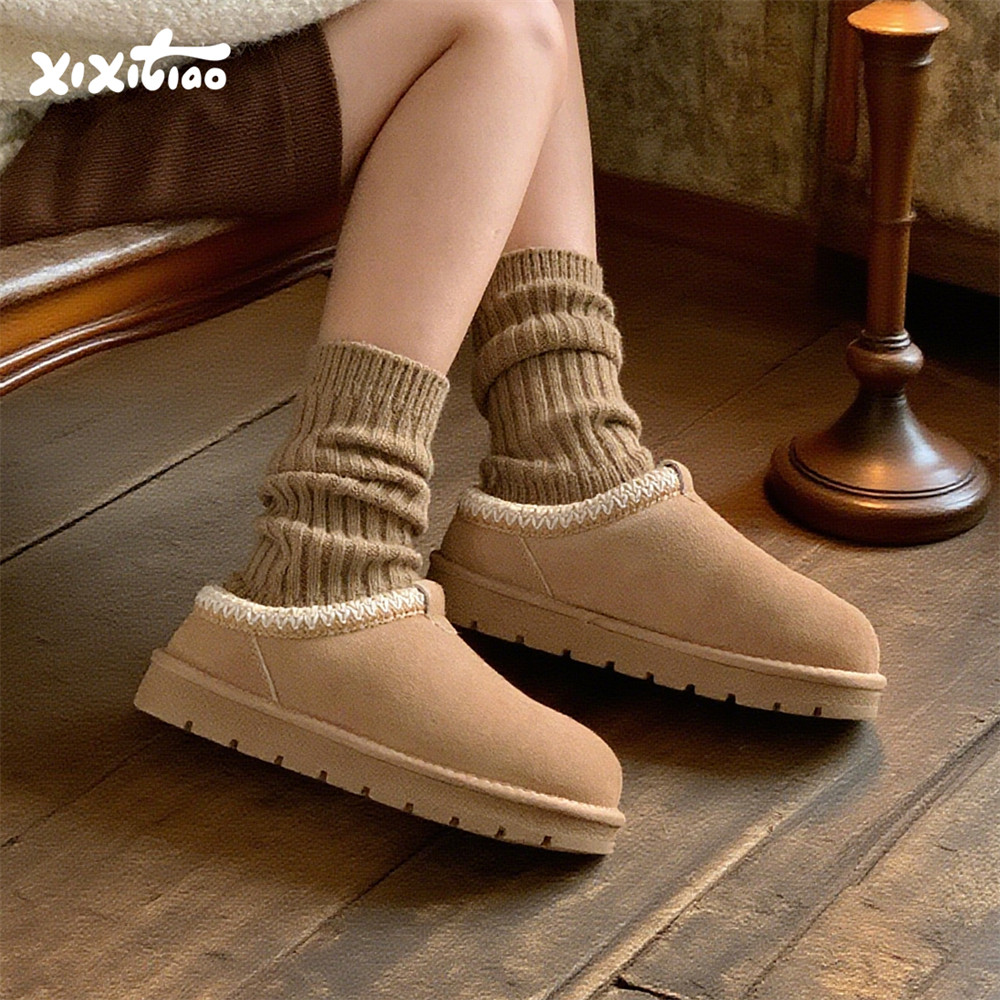 细细条 懒人一脚蹬毛毛半拖鞋女冬防滑乐福鞋休闲真皮厚底雪地靴,居家布艺,居家棉拖/棉鞋,淘宝优惠券,粉丝福利购,淘宝优惠卷