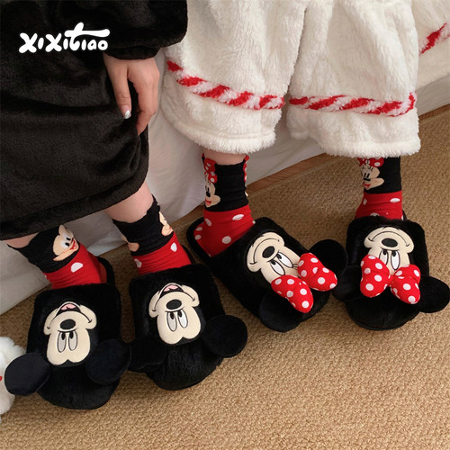 迪士尼米奇蝴蝶结米妮情侣棉拖鞋