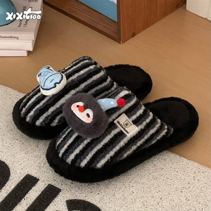 细细条 情侣撞色条纹防滑居家棉拖鞋秋冬可爱企鹅小鱼毛毛鞋男女