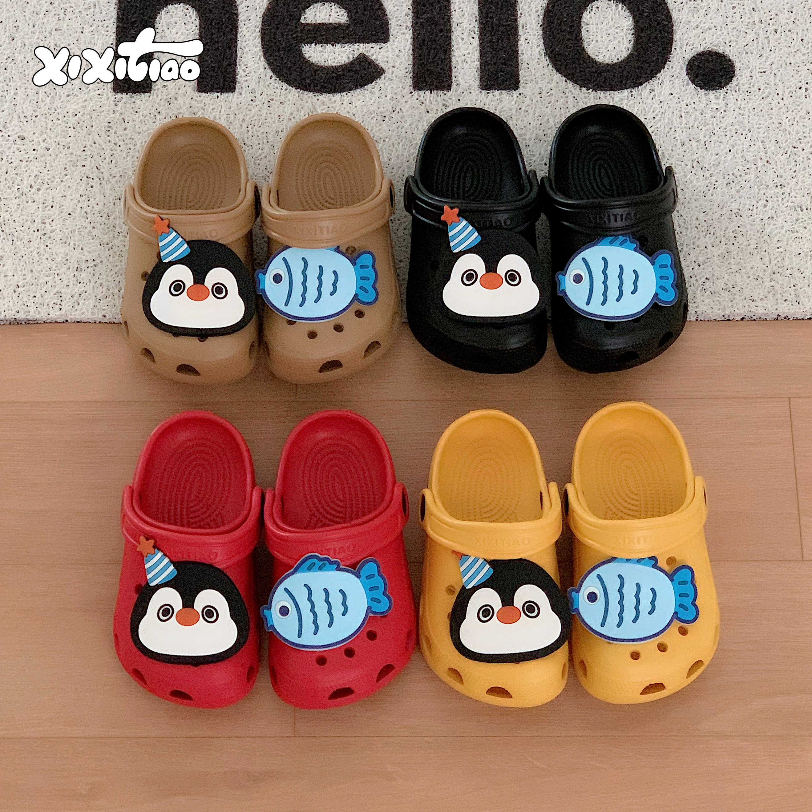 可爱企鹅小鱼男童女童足弓洞洞鞋图片