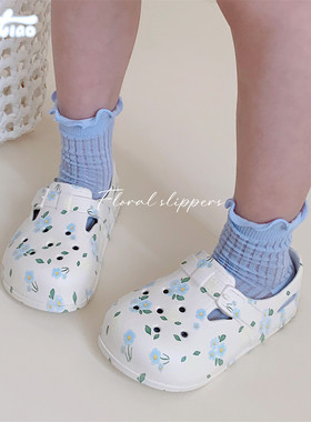 细细条 蓝色小花儿童洞洞鞋网红仙女风沙滩防滑女童宝宝夏季凉鞋