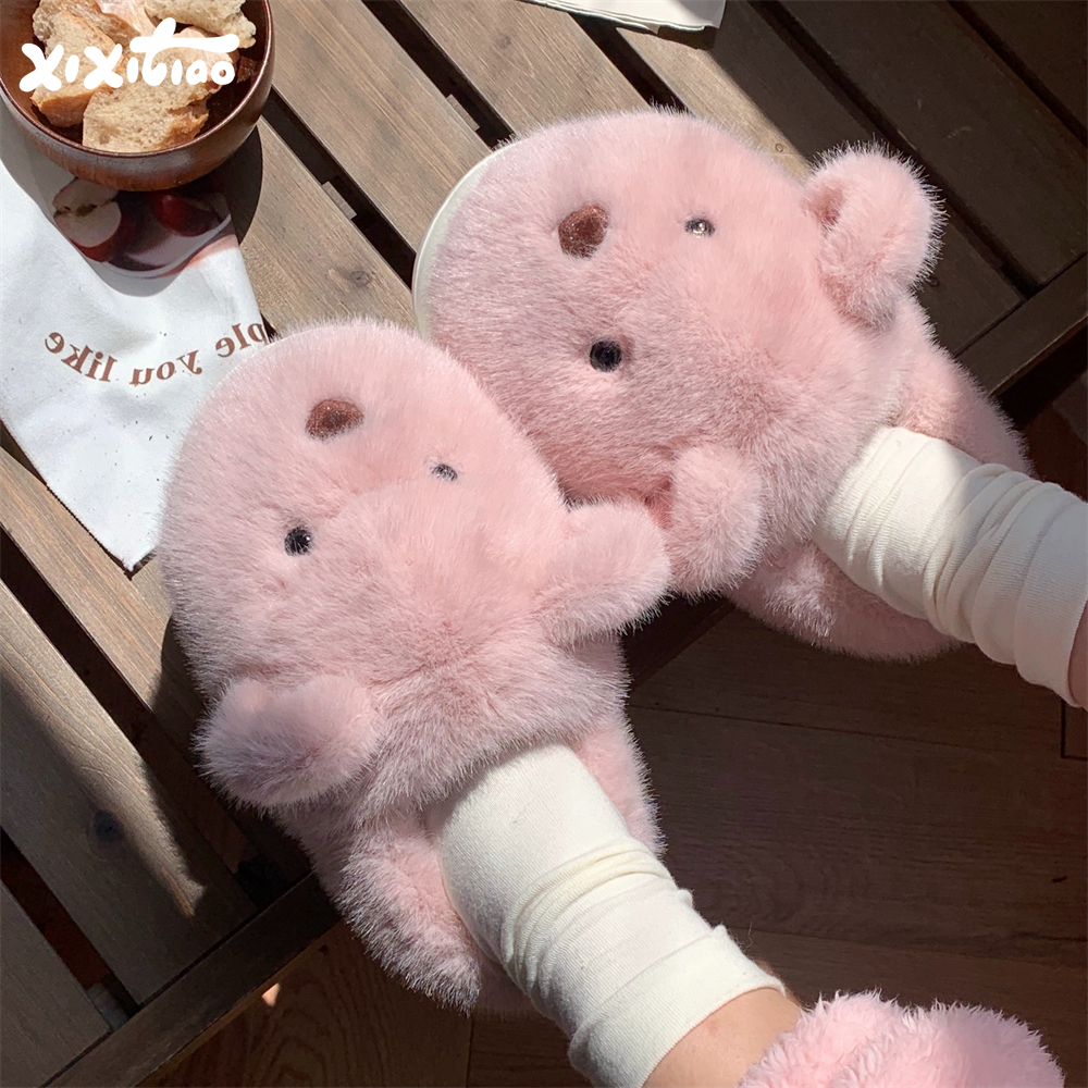 卡通可爱小熊冬季毛绒绒月子鞋