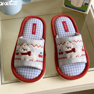 西高地小狗软底棉布艺拖鞋 可爱卧室地板鞋 女 吸汗透气四季 细细条
