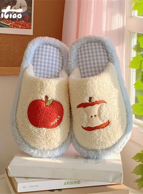细细条 冬季少女心毛毛鞋可爱红苹果棉拖鞋防滑女居家地板月子鞋