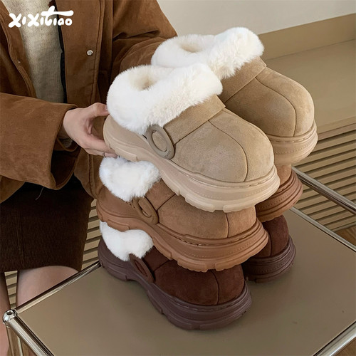 细细条时尚防滑毛绒领口棉拖鞋