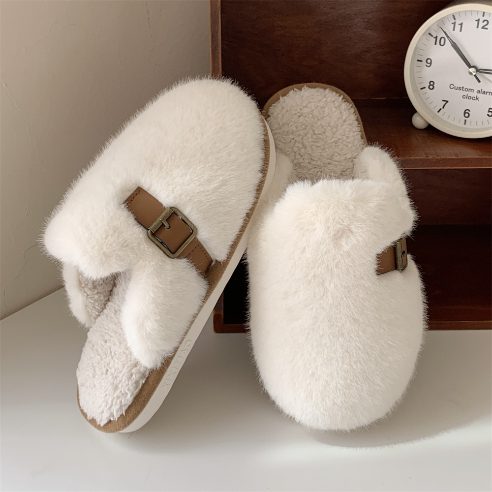 细细条ins秋冬创意韩系情侣居家鞋平底简约保暖毛绒绒棉拖鞋男女