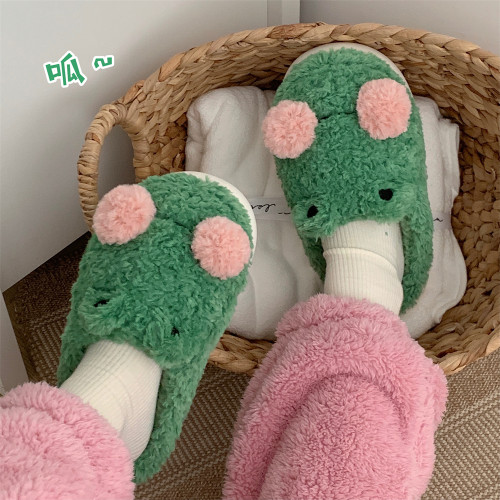 细细条可爱趣味毛绒包头棉拖鞋