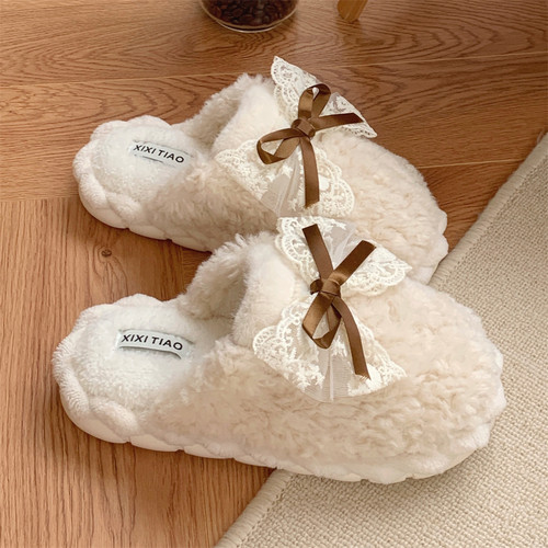 细细条甜美可爱蝴蝶结毛绒棉拖鞋