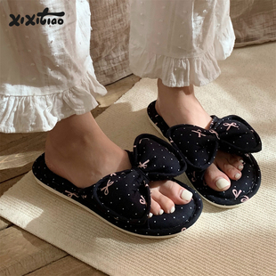 细细条甜美蝴蝶结亚麻拖鞋 ins 女室内防滑吸汗四季 通用棉麻地板鞋