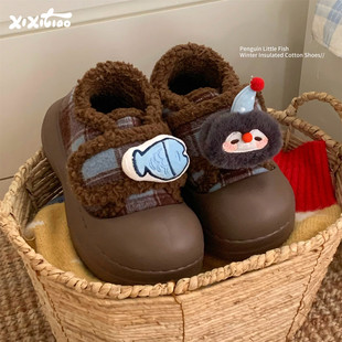 细细条魔术贴网红外穿企鹅小鱼面包鞋女可爱厚底防滑毛毛棉鞋冬