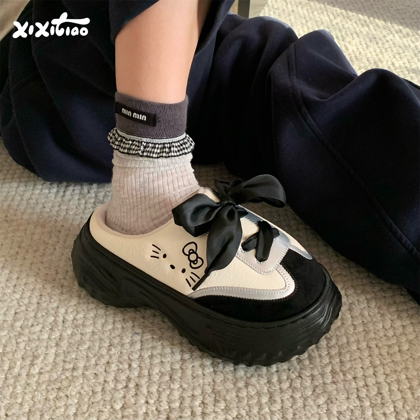 细细条棉鞋增高保暖甜酷小猫撞色