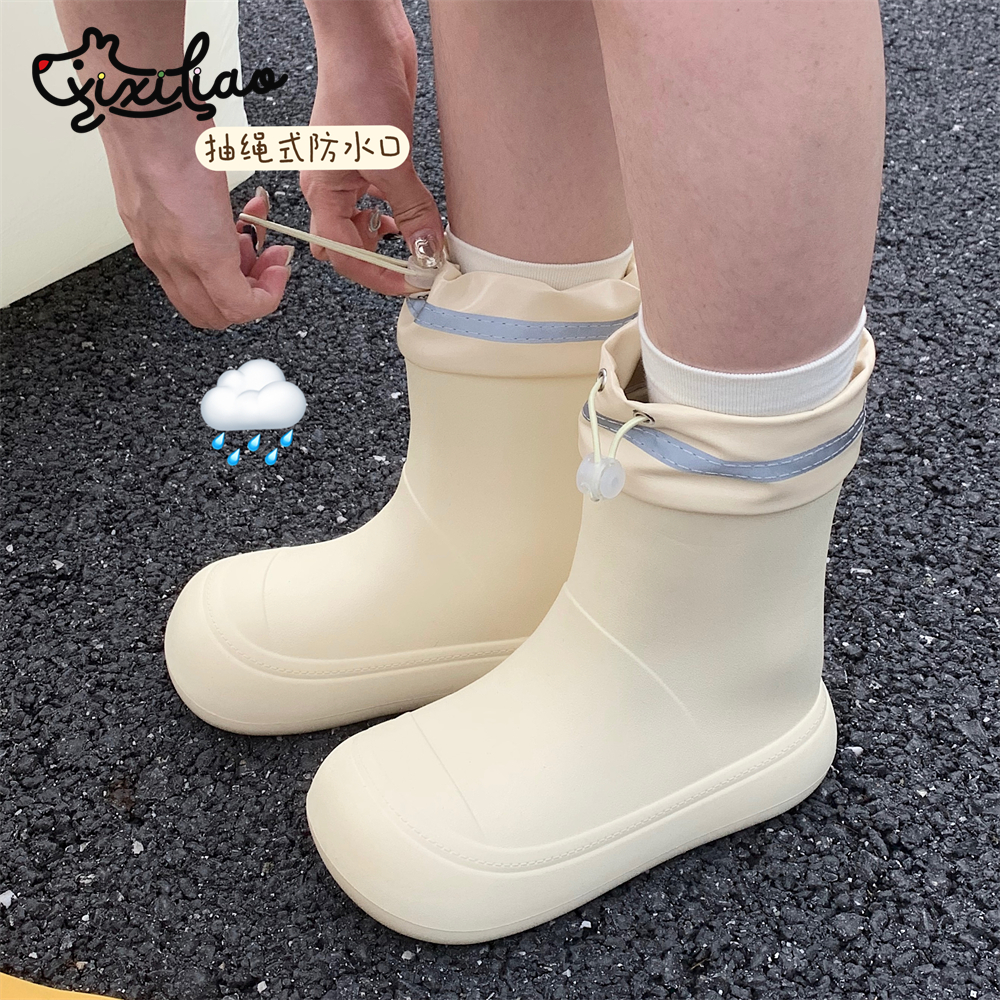 细细条室外雨天防滑防水亲子雨鞋四季通用抽绳束口水筒靴胶鞋女