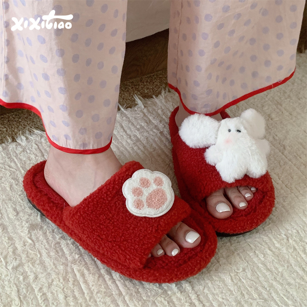 细细条新款红色喜庆毛绒兔子棉拖鞋女秋冬季红色喜庆卡通毛毛鞋,居家布艺,居家棉拖/棉鞋,淘宝优惠券,粉丝福利购,淘宝优惠卷