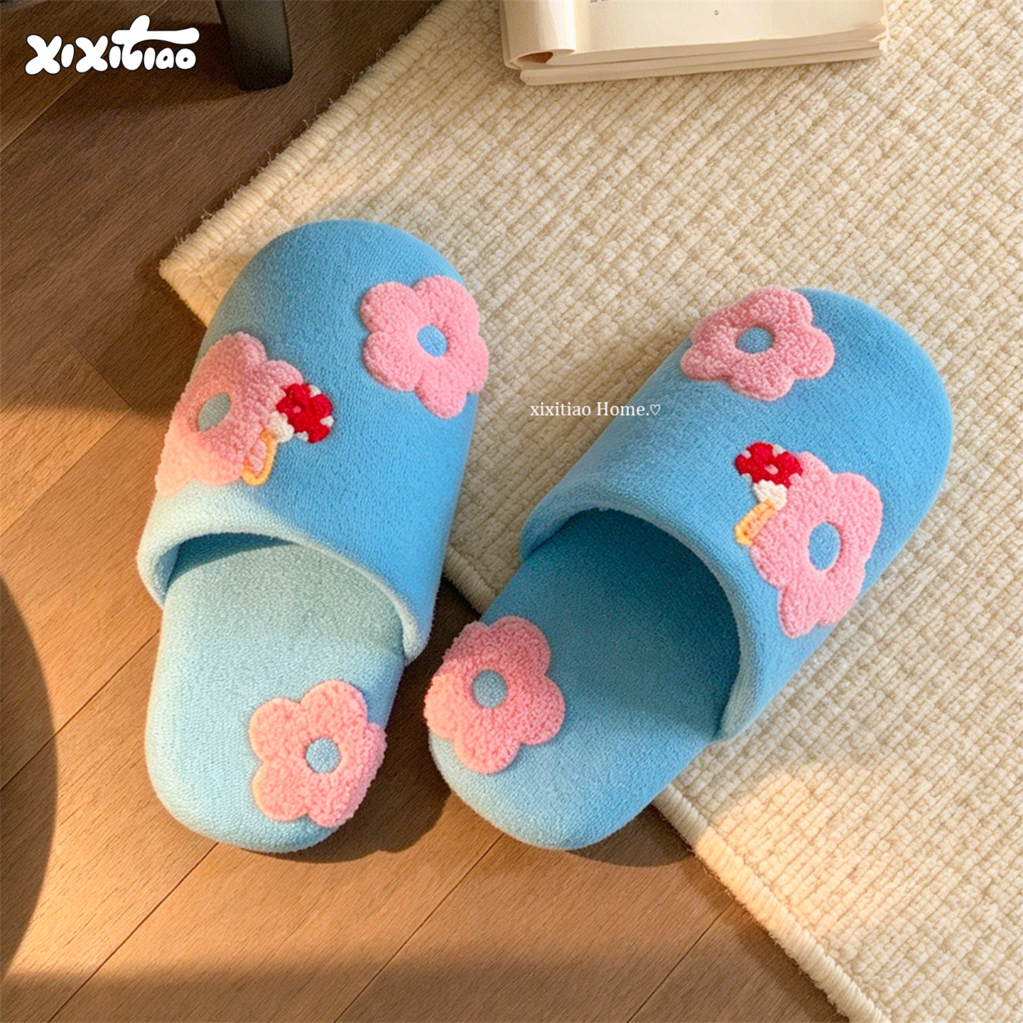 细细条 女秋冬居家防滑静音平底棉拖鞋多巴胺复古花朵撞色月子鞋