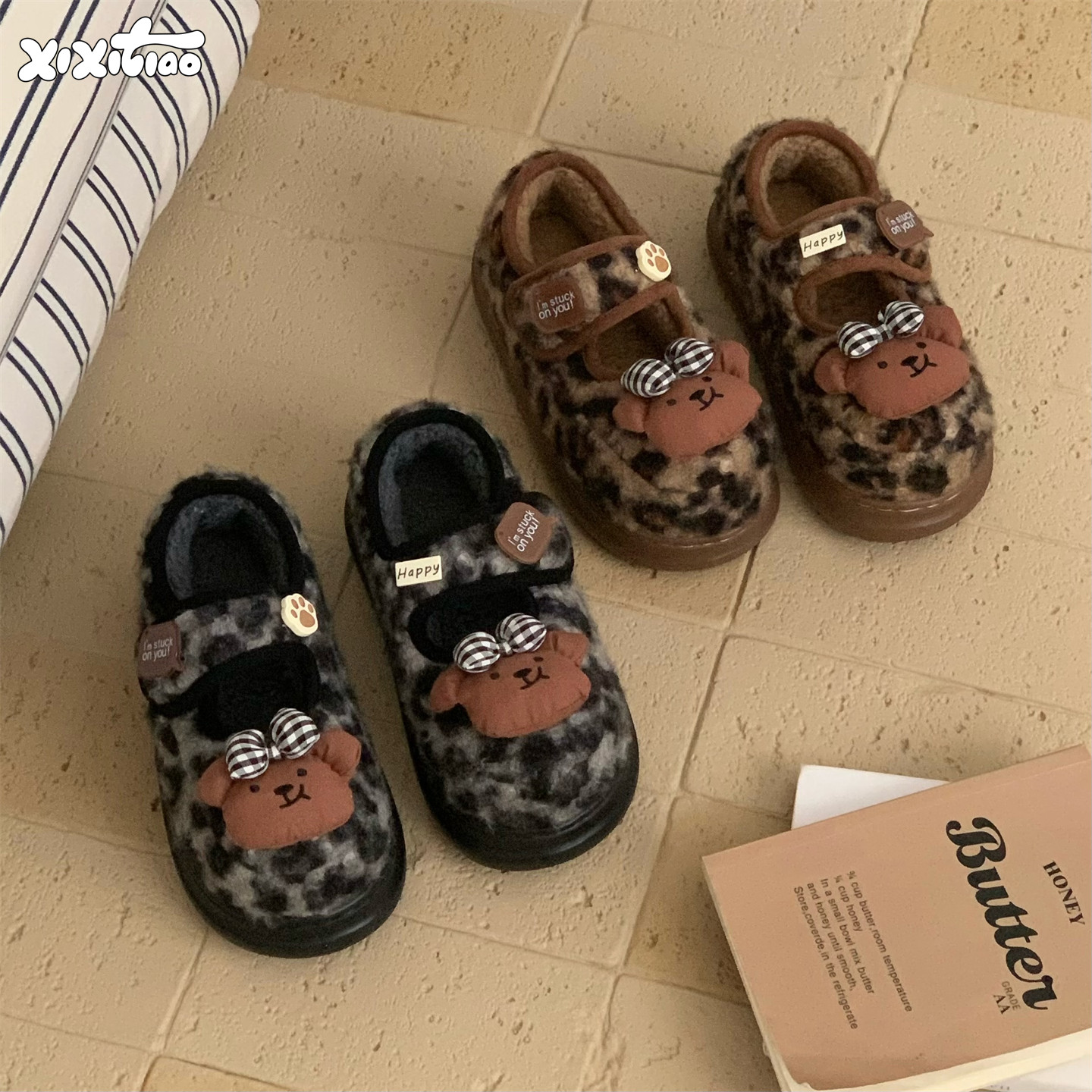 细细条可爱小熊豹纹魔术贴棉鞋