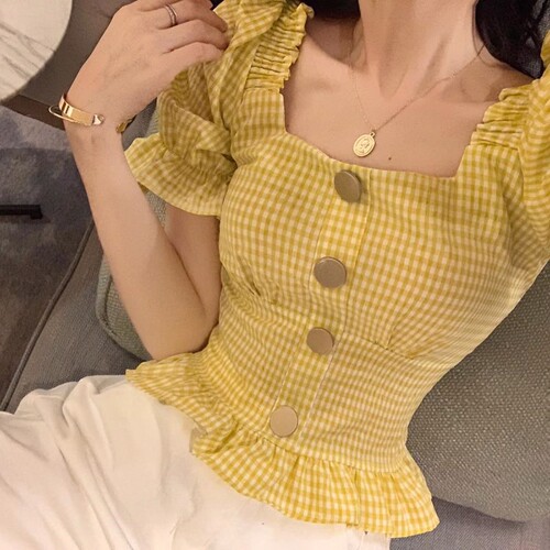 2026夏季新款修身木耳边格子衬衫上衣短款短袖小心机露背衬衣女装