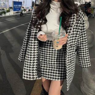 套装女2026春秋冬款千鸟格气质夹棉呢子大衣外套高腰半身裙两件套