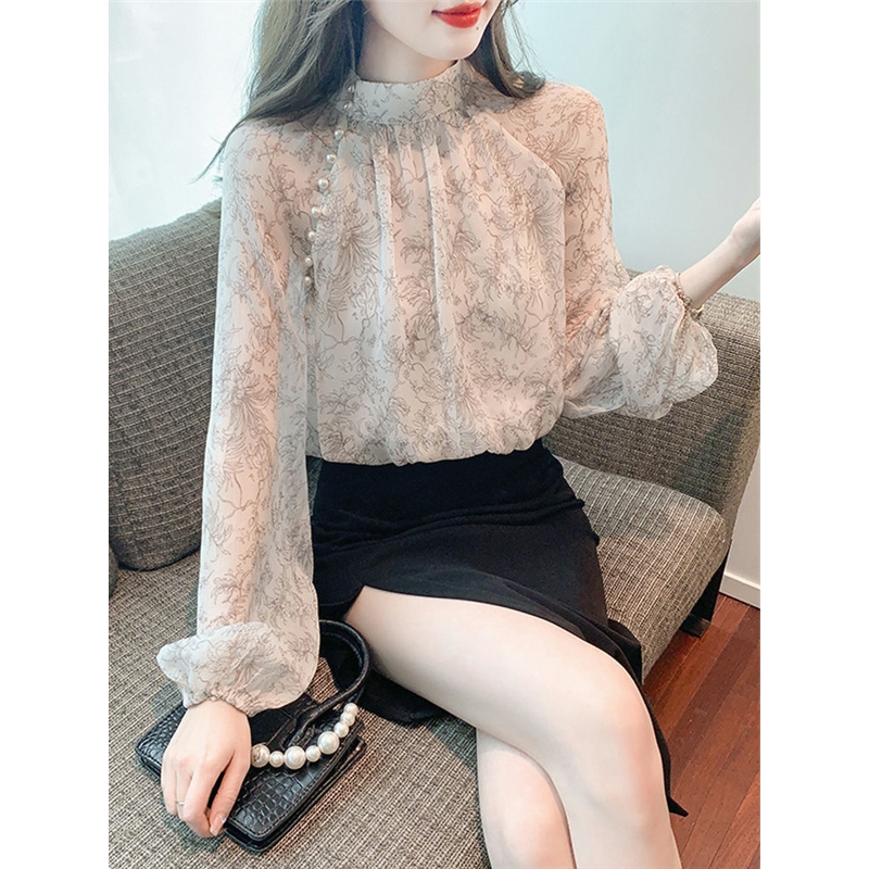 立领印花雪纺衬衫女装春夏2025新款上衣高端时尚洋气内搭打底小衫