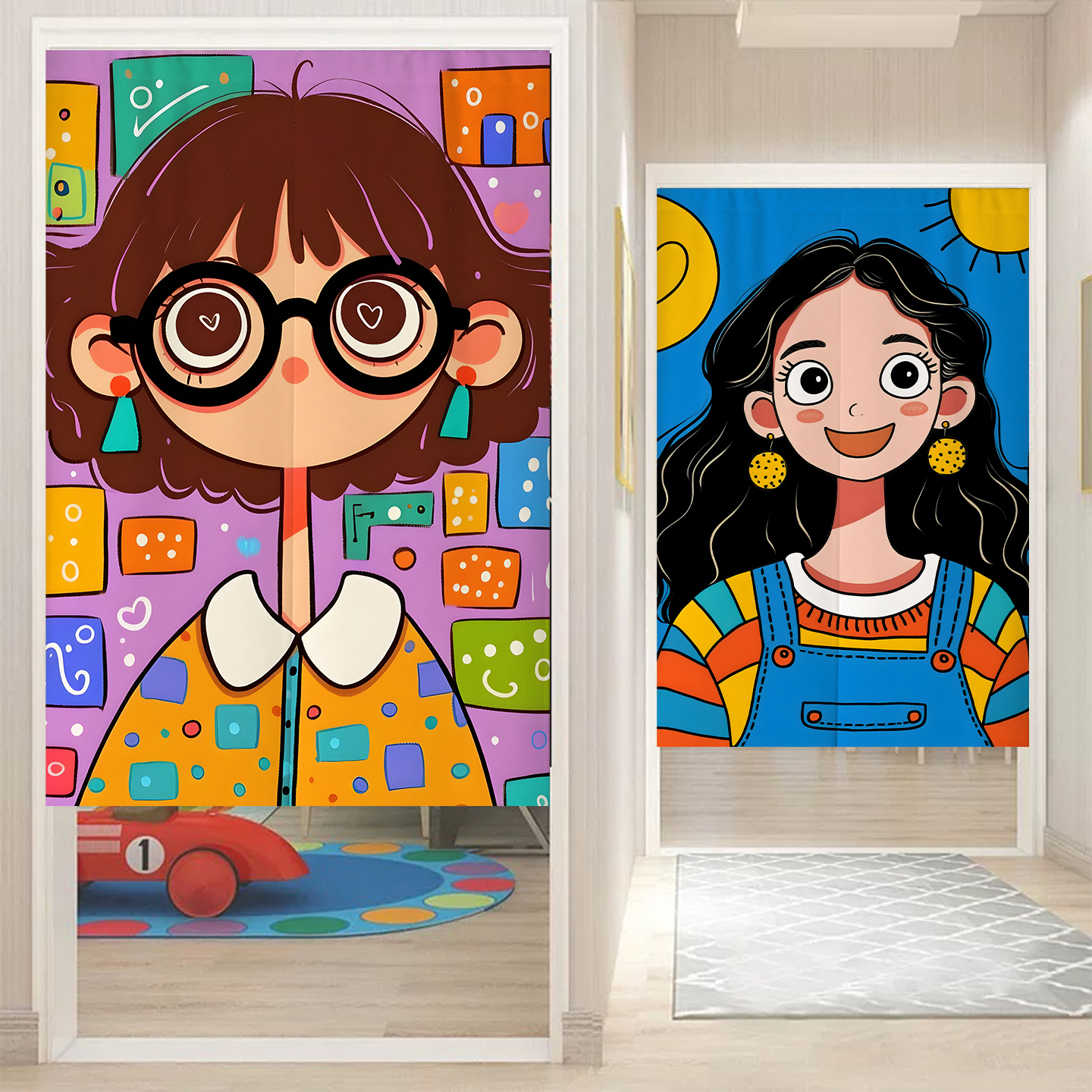 少儿卡通简笔画门帘可爱插画隔断帘儿童公主房装饰遮挡帘卧室半帘图片