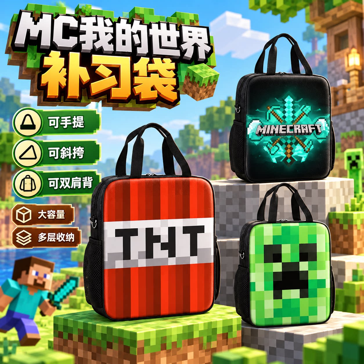 MC我的世界补习袋高颜值男孩小学生作业手提袋女学生拎书袋初中生补课包轻便帆布包儿童美术袋手提包斜跨周边