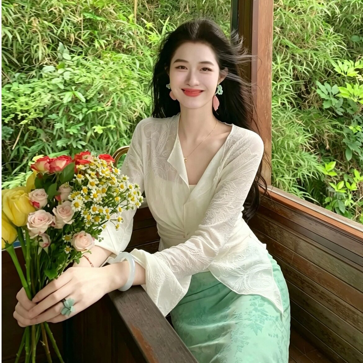 温柔风三件套碎花吊带鱼尾连衣裙女夏季针织开衫罩衫套装气质显瘦