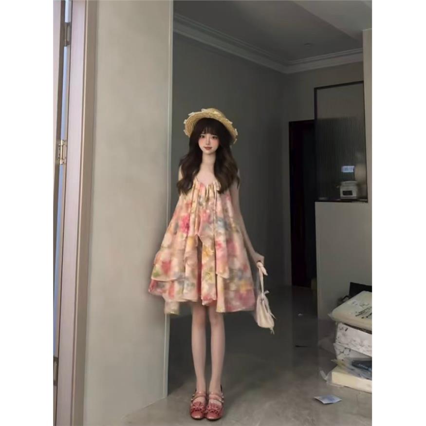 粉色碎花挂脖连衣裙子女