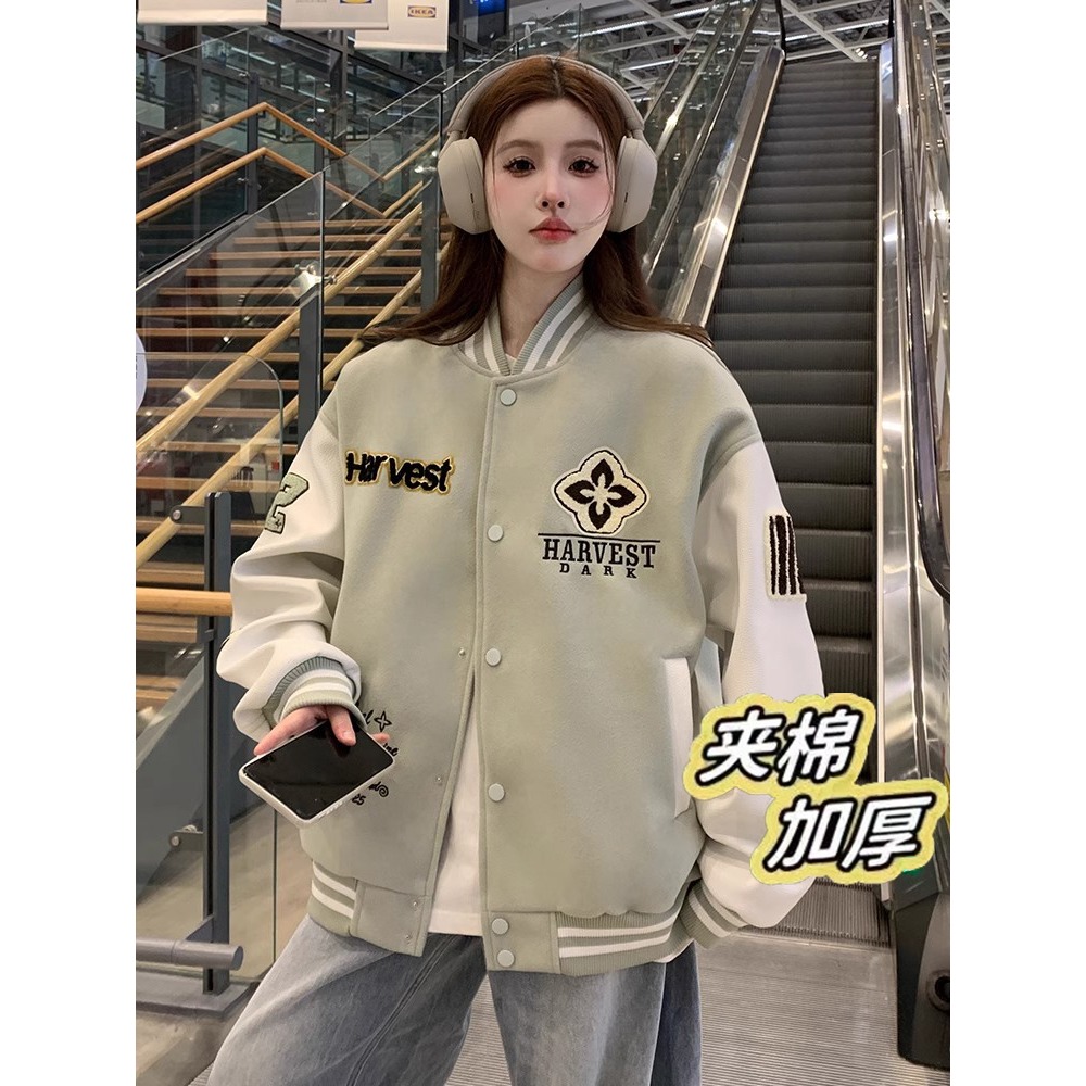 国潮刺绣夹棉棒球服潮流百搭运动休闲加厚保暖复古情侣学生外套
