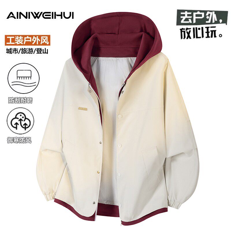 AINI秋季情侣新款假两件连帽夹克男士潮流宽松休闲工装外套上衣