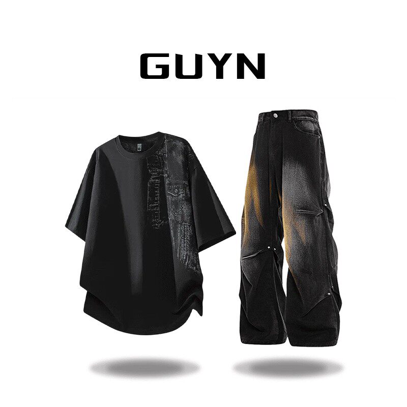 GUYN冰丝短袖T恤套装男2026夏季新款宽松美式复古上衣高级感男装