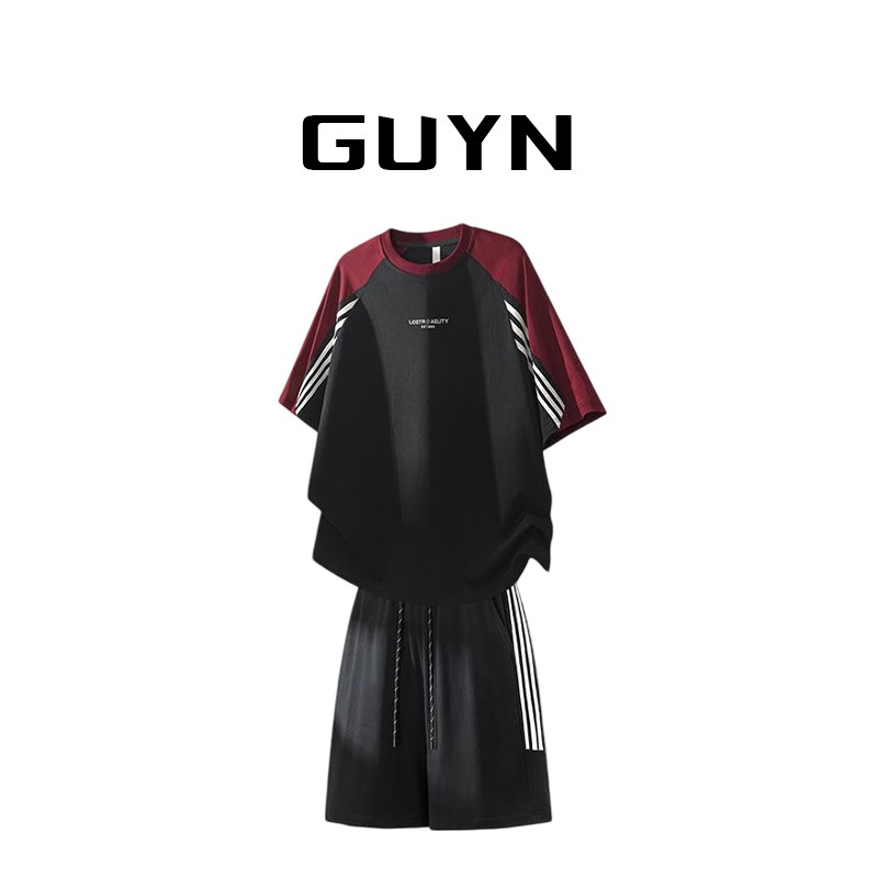 GUYN条纹休闲短袖T恤套装男士夏季薄款宽松运动五分短裤子两件套
