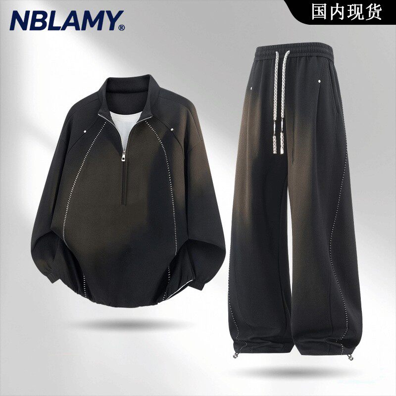 NBLAMY设计感假两件美式潮牌半拉链卫衣套装男秋季休闲运动两件套