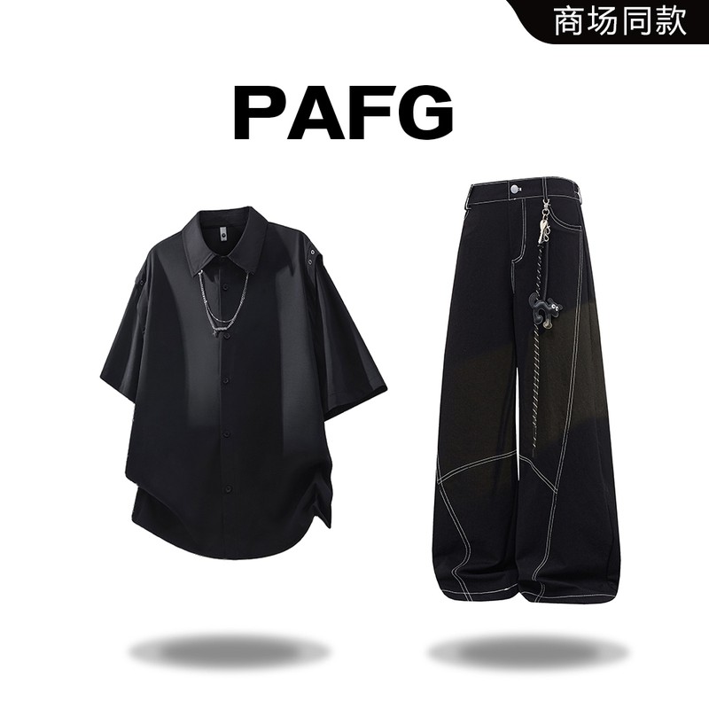 PAFG美式痞帅短袖衬衫男士夏季穿搭潮流宽松设计感项链上衣两件套