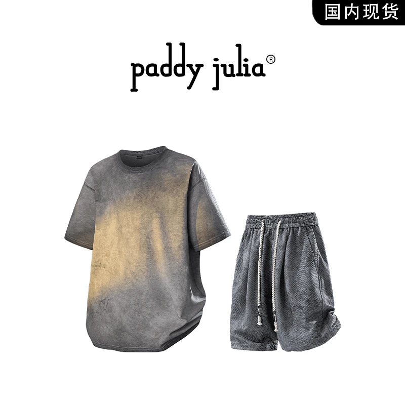 Paddy julia扎染短袖套装男士夏季仿麂皮渐变潮牌休闲百搭一套装