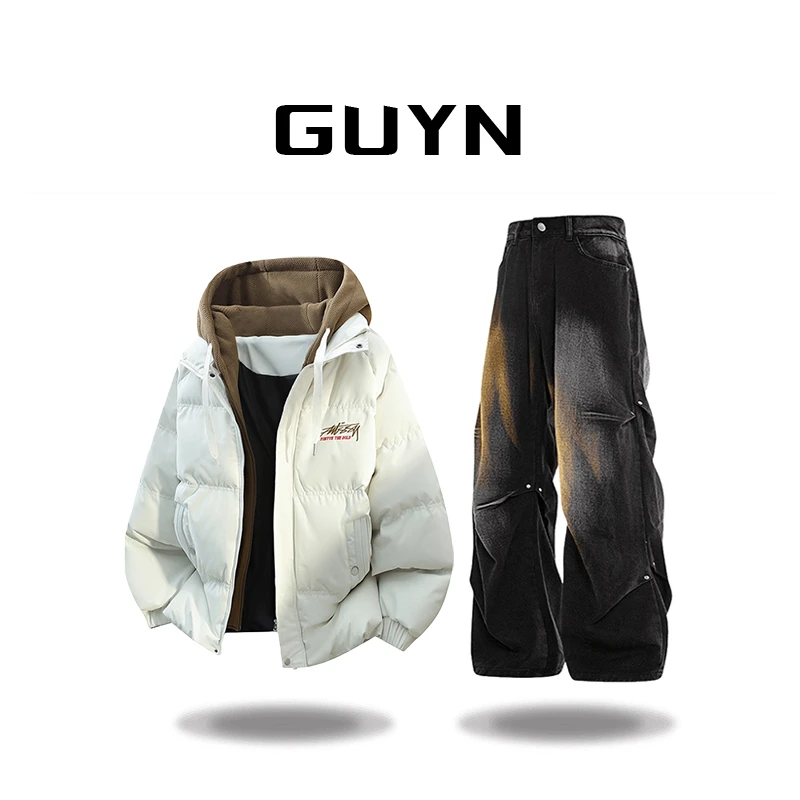 品牌正品现货】GUYN假两件休闲棉衣男秋冬潮流百搭宽松外套高级感