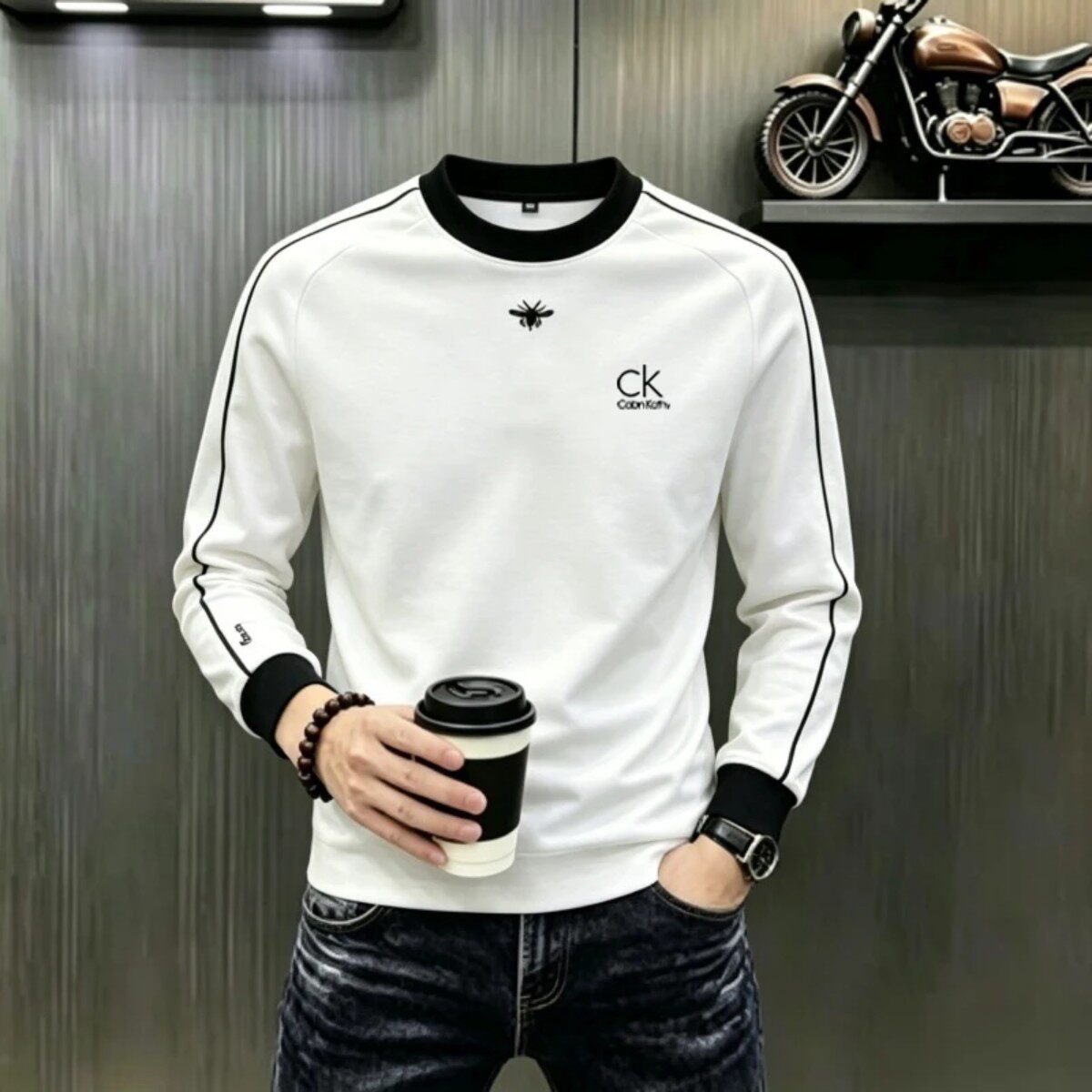 2026新款CabinKathy男款圆领长袖T恤白色高级感简约内搭打底衫男