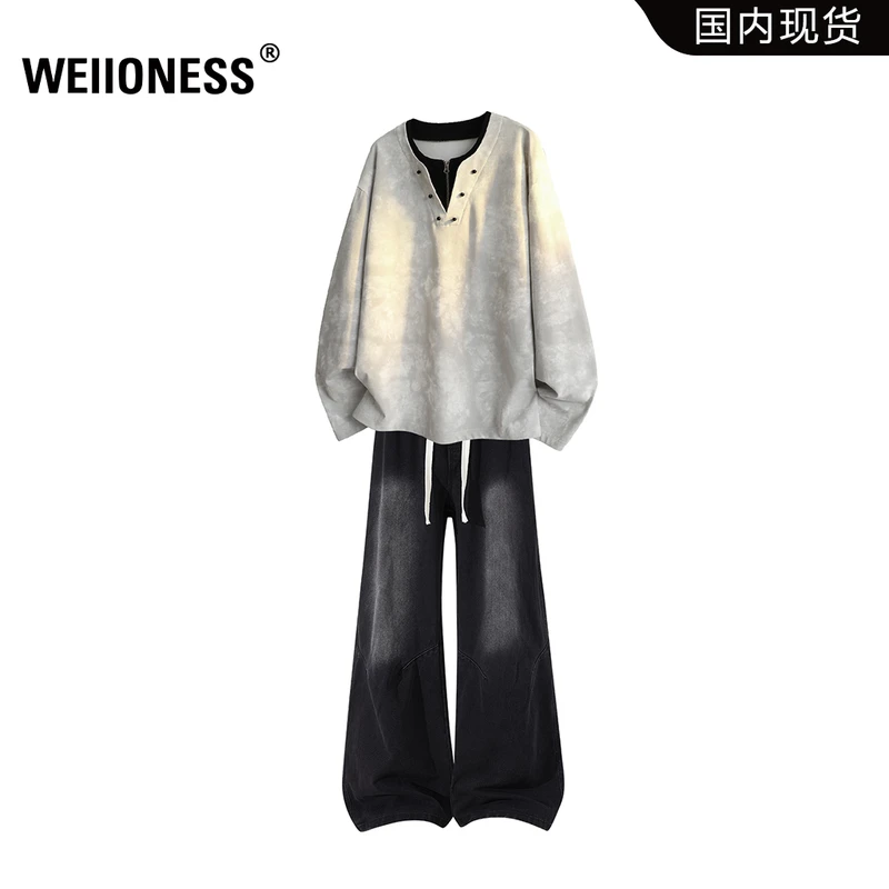 WEIIONESS假两件T恤套装男士秋季设计感痞帅牛仔裤两件套轻奢男装