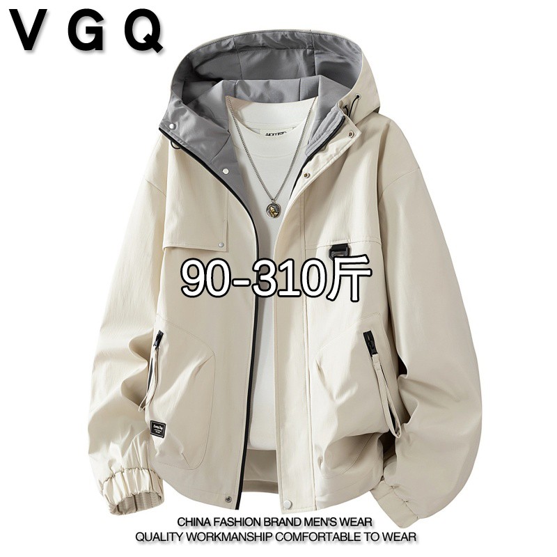 VGQ潮男美式休闲风衣夹克春季款加肥加大工装风简约百搭连帽外套
